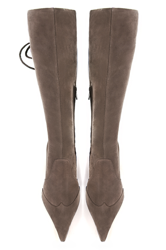Chocolate brown women's knee-high boots, with laces at the back. Pointed toe. High block heels. Made to measure. Top view - Florence KOOIJMAN